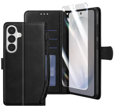 Image de Enkay, étui-portefeuille avec verre trempé et dragonne pour Galaxy S26, noir