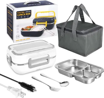 Produktbild von Elektrische Lunchbox 2 IN 1 für Auto und Heimgebrauch, Tragbare Brotdose Lebensmittelheizung 220V & 12V / 24V 40W Edelstahl Lebensmittelbehälter,Weiß
