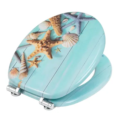 A toilet seat with a beach-themed design featuring seashells and starfish on a light blue wooden background.