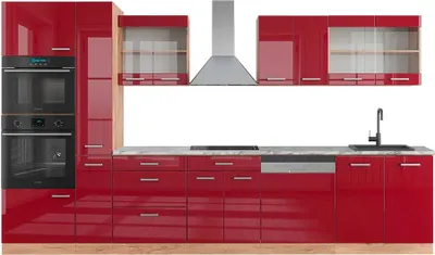 Produktbild von Küchenzeile Vicco R-Line Rot Hochglanz/Goldkraft Eiche 350 cm mit Hochschrank, AP Marmor, Model 49477