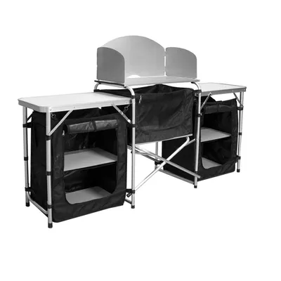 Obrázok produktu pre TolleTour kempingová kuchyňa kuchynský box vetrolam hliníková ochrana proti striekajúcej vode skladacia skrinka kempingová cca (D) 164,5 cm x (Š) 52 cm x (V) 104 cm-tri pracovné stoly