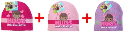 Produktbild von 3er-Set Disney Doc McStuffins Mützen "Hugs - Make It All Better" für Mädchen in Pink, Rosa und Lila, Größe 52, Geschenk-Set