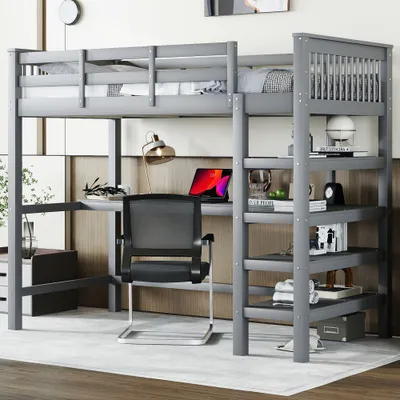 Produktbild von okwish Kinderbett 90 x 200 Hochbett mit Ablagefächern und Unterbettschreibtisch Bettgestell, Grau