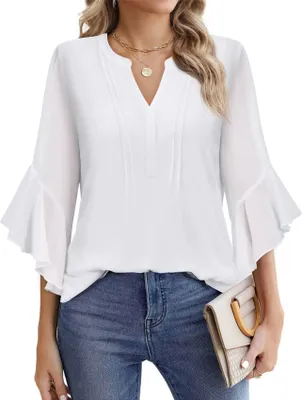Produktbild von ASKSA Damen 3/4 aermel Bluse Elegant V-Ausschnitt Chiffon Tunika Doppellagig Hemden Tops Shirt Casual Business Locker Oberteil (Weiss,M)