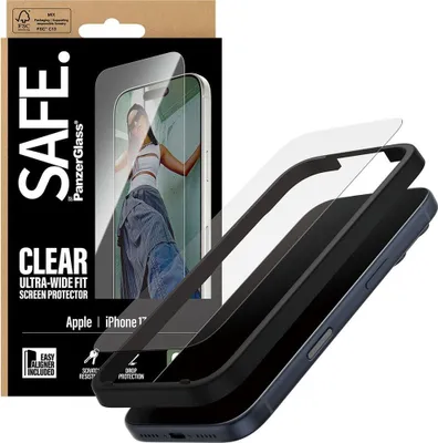 Obrázok produktu pre PanzerGlass SAFE. by ® Screen Protector iPhone 17 Pro | Ultra-Wide Fit w. EasyAligner, Apple, Apple - iPhone 17 Pro, Suché aplikovanie, Odolné proti poškriabaniu, Odolný proti nárazom, Priehľadná, 1 kusov