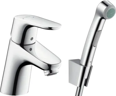 A chrome-finished faucet and a hand shower with its holder are displayed against a white background.