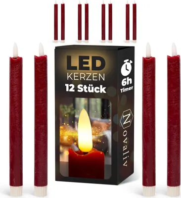 Produktbild von Stabkerzen LED mit Timer Rot 12 Stück indoor - 6 Stunden - ECHTWACHS 24cm Höhe für Kerzen 2,2cm Durchmesser 2 AAA Batterien notwendig LED Stabkerzen 4er Set Rot (drei Mal) bewegliche Flamme Licht