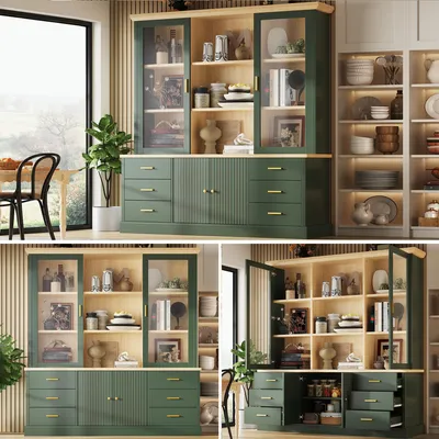 Produktbild von Küchenschrank (140 x 40 x 185 cm), Hochschrank mit 6 großen Schubladen, Glastüren und Kippschutz, Aufbewahrungsschrank für Küche und Esszimmer, grün