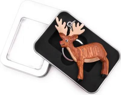 Produktbild von Schlüsselanhänger Holz Elch Hirsch Geweih Wald Tier Reh Anhänger in Geschenkbox