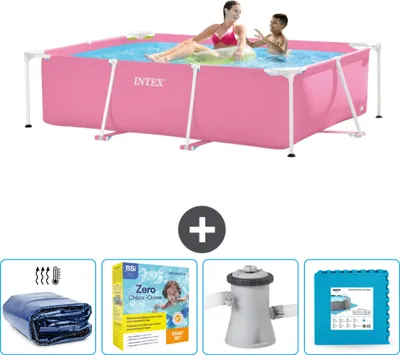 Produktbild von Intex-Schwimmbecken mit rechteckigem Rahmen – 220 x 150 x 60 cm – Rosa – im Lieferumfang enthalten Sonnensegel - Wartungspaket - Filterpumpe für Schwimmbad - Bodenfliesen