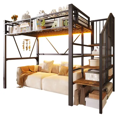 Produktbild von Hochbett mit LED-Streifen, Stauraum, Lattenrost, Rausfallschut und Regal, Treppe mit Regal, 90x200 cm, Kinderbett, Einzelbett, Metallbett