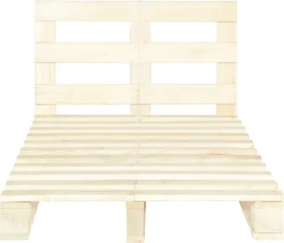 A wooden pallet bed frame with a headboard, shown from the front on a white background.
