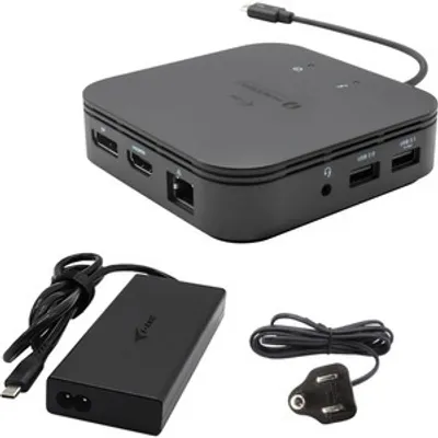 Produktbild von i-tec Thunderbolt 3 Travel Dock Dual 4K Display with Power Delivery 60W + Universal Charger 77 W, Kabelgebunden, Thunderbolt 3, 60 W, 10,100,1000 Mbit/s, Schwarz, 10 Gbit/s