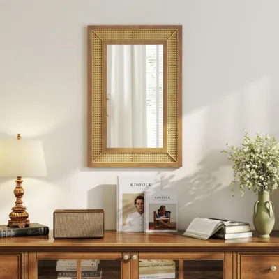 Immagine prodotto di Specchio da parete, cornice in rattan e legno, vetro, 36x66 cm, colore naturale, forma rettangolare