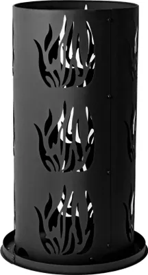 A black metal fire pit with flame cutouts.