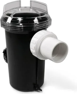 A black cylindrical filter with a clear lid and a white pipe fitting.