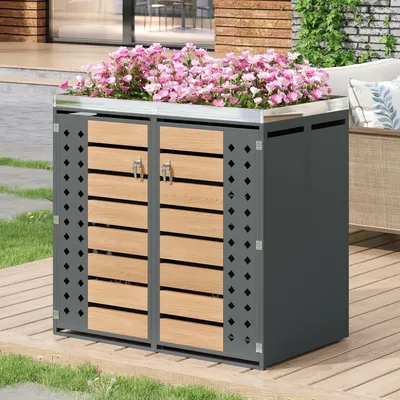 Produktbild von Merax Mülltonnenbox mit Pflanztrog und rautenförmige perforierte Türen, Mülltonnenverkleidung mit Holzmaserung, abschließbar, Doppeltüren für Garten
