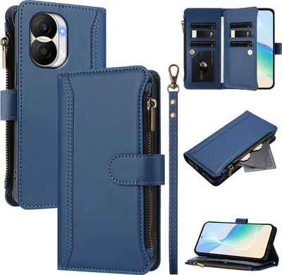 Image de Etui pour Honor X40i, zippé, portefeuille Etui à rabat en cuirPolyuréthaneavec poches pour cartes, support et dragonne bleu