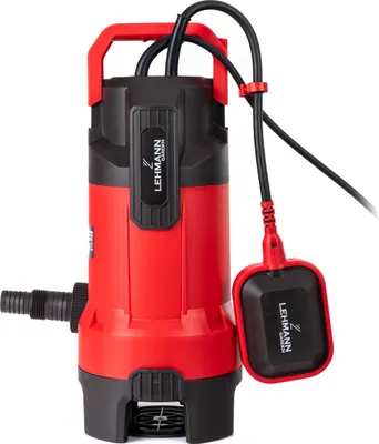 A red and black submersible pump with a float switch is shown against a white background.