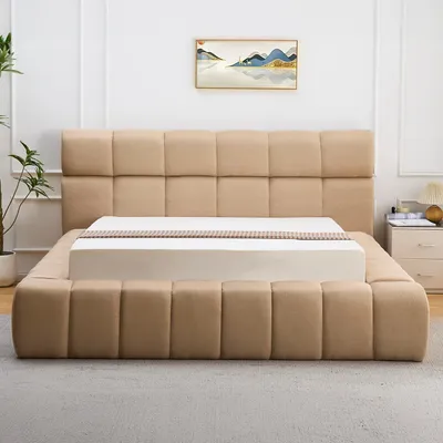 Image de MENZZO Lit-coffre avec rebords matelassés Challow 140x190cm Tissu Beige