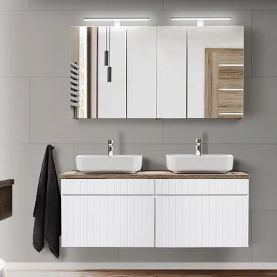 Produktbild von Badmöbel Set in weiß matt mit Vintage Eiche Nb. IRAKLIO-56 Doppelwaschtisch mit 2 Keramikwaschbecken, 2 LED-Spiegelschränke, B/H/T: ca. 120,4/200/46 cm