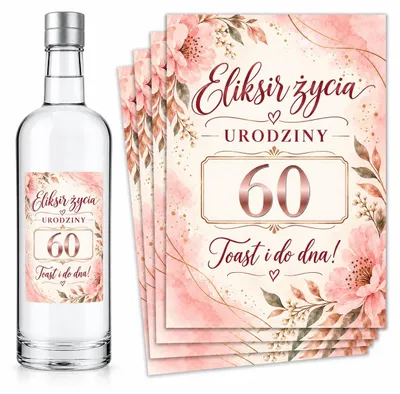 Produktbild von Flaschenetiketten – zum 60. Geburtstag – „Eliksir Życia” – Rosa – #138 – 8 Stück