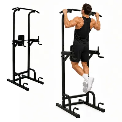 Produktbild von Relaxdays Power Tower, 160-230 cm höhenverstellbar, bis 150 kg, Klimmzugstange, Dipstation, Liegestützgriffe, schwarz