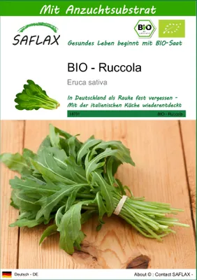 Produktbild von SAFLAX - BIO - Ruccola - Eruca sativa - 3000 Samen - Mit keimfreiem Anzuchtsubstrat