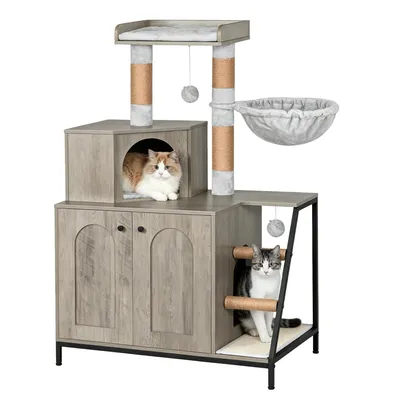 Produktbild von Kratzbaum mit Katzenklo-Schrank, 121 cm Katzenschrank, Greige | 4-in-1 Modernes Katzenhaus mit Plattform, mit Sisal-Kratzmatte, Pfosten