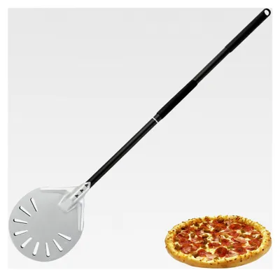 Produktbild von Runder perforierter Pizzaschieber 6 Zoll: Harteloxierter Pizzaschieber aus Edelstahl mit 80 cm langem, abnehmbarem Silikongriff, ideal für Brotliebhaber