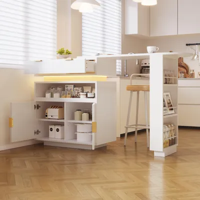 Produktbild von STILVORA Küchenschrank mit drehbarer Arbeitsplatte und LED-Beleuchtung, Kücheninsel ausziehbar mit Stauraum und verstellbaren Einlegeböden, Bartisch mit Stauraum als mobile Kaffeebar für Küche und Esszimmer, Weiß