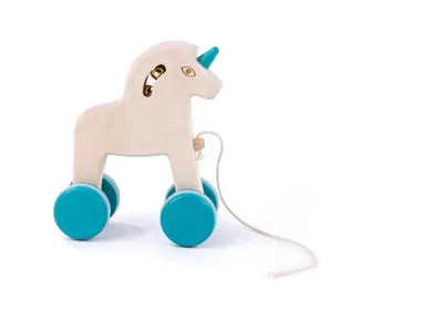 Produktbild von Bajo Holz Einhorn Spielzeug auf Rädern - buntes rollendes Spielzeug
