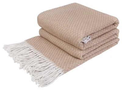 Obrázek produktu pro Bavlněná deka, 140 x 200 cm, béžová s bílým vzorem diamantu, vhodná na pohovku