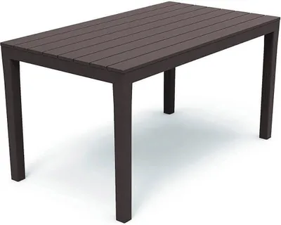 A dark brown outdoor table with a slatted top and four legs, shown from a slightly elevated angle against a white background.