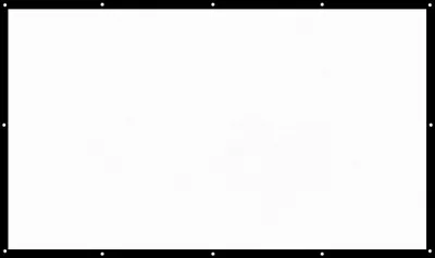 A white projection screen with a black border and grommets for mounting.
