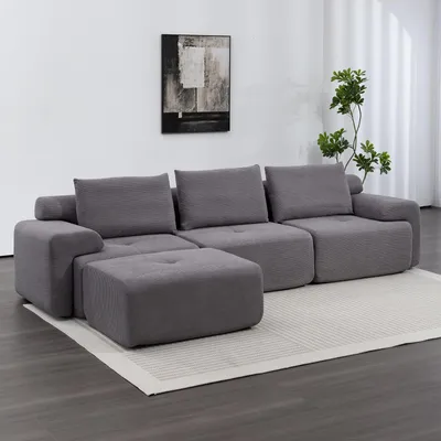 Produktbild von L-förmige Ecksofas fürs Wohnzimmer mit Memory-Schaum – kein Aufbau nötig, umwandelbares Schlafsofa, Kompressionssofa aus Cordstoff, modulares Sofa