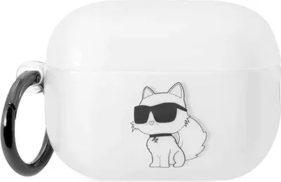 A white Airpods Pro 2 case with a black cartoon cat wearing sunglasses printed on it. A black carabiner clip is attached to the side.