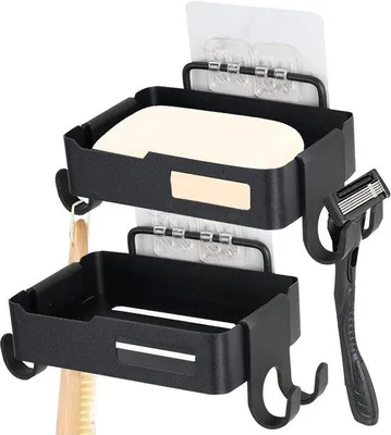 Productafbeelding van Unyqoos® RVS zeephouder voor zelfklevende wandmontage – Set van 2 stuks met 4 haken, 2 sponsmatten, afmetingen 12x8x3 cm, roestvrij staal, draagvermogen tot 10 kg