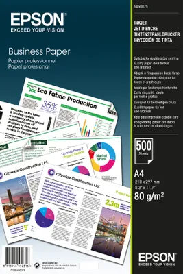 A product shot of EPSON Business Paper, with multiple sheets of paper fanned out showing different document layouts and graphics.