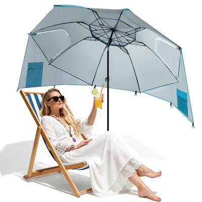 Produktbild von Vigevee Strandschirm 210 cm mit Spiral-Erdspieß, Sonnenschirm UV Schutz 50+, neigbar, wasserabweisend, mit Tragetasche für Strand Garten Camping Himmelblau
