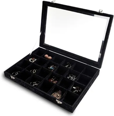 Immagine prodotto di Portagioie - Inserto per cassetto in velluto a 24 scomparti - Coperchio trasparente - Espositore per gioielli con scomparti - Regalo per ragazze e donne