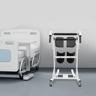 Produktbild von Patientenlifter - Steh- und Transferhilfe mobil - 120 kg Tragkraft - Verstellbarer Sitz - Räder - Freistehend - Stahlrahmen - Griffabstand 53 cm - Schwarz