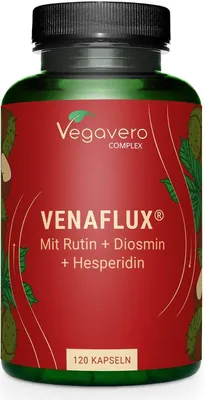 A product shot of a bottle of Vegavero Venaflux Complex capsules.