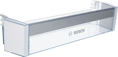 A transparent plastic refrigerator shelf with a gray accent strip and the Bosch logo.