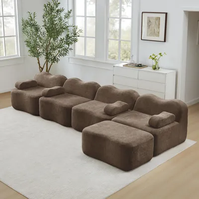 Image de Canapé modulable en L à quatre places, forme ondulée, en velours, avec pouf, assise profonde, 384 x 167 x 70 cm, marron