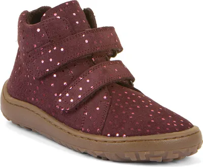 A single burgundy high-top shoe with pink polka dots and brown soles, shown from a three-quarter side view against a white background.