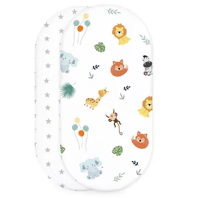 Immagine prodotto di Set di 2 lenzuoli con angoli per passeggini, culle e lettini: 38 x 80 cm - Lenzuola per passeggini, fodera per materasso in cotone, coprimaterasso Safari + stelle grigie su sfondo bianco