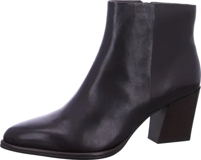 A single brown leather ankle boot with a block heel is shown against a white background.