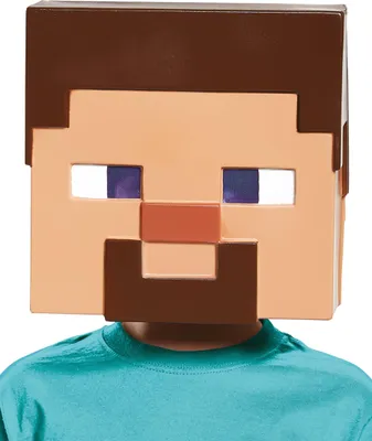 A child wearing a Minecraft Steve mask and a teal t-shirt.