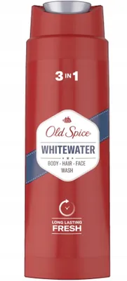 A red bottle of Old Spice Whitewater 3-in-1 body, hair, and face wash.